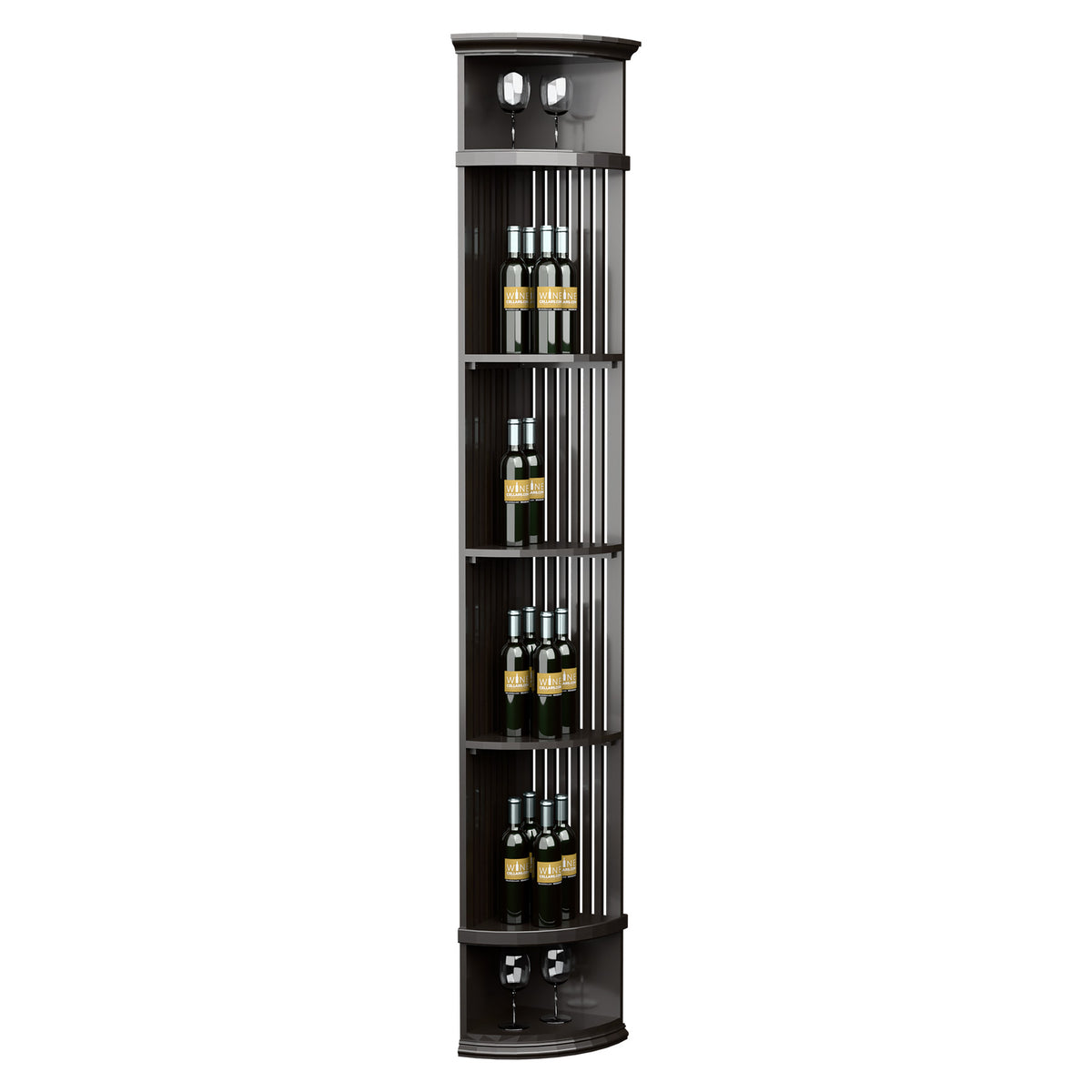 Wine rack with lattice bottle slots, dark finish, curved top with two lights, round base