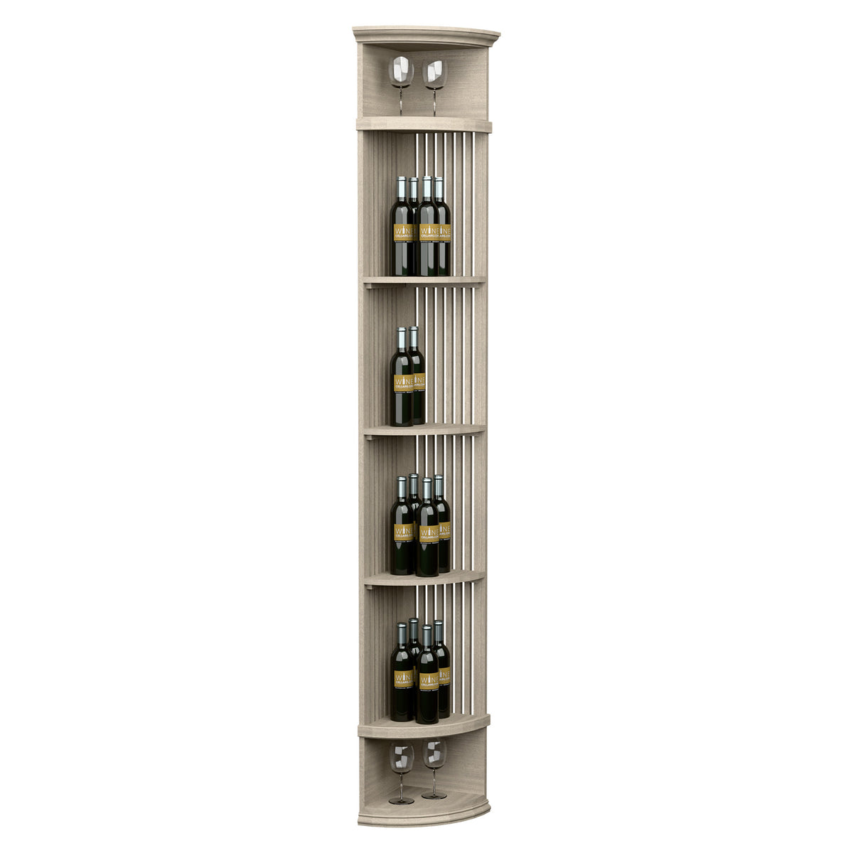 Light wood lattice wine shelf with round base; 4 bottle rows and top stemware