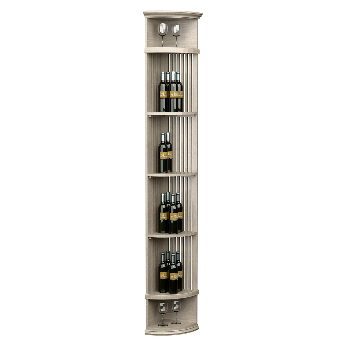 Light wood lattice wine shelf with round base; tall display with 4 bottle rows