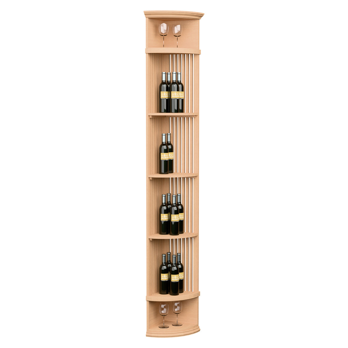 Natural wood lattice wine shelf with round base; 4 bottle rows and top stemware