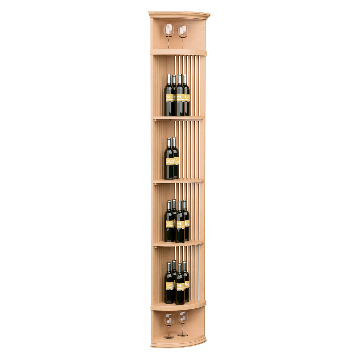 Natural wood lattice wine shelf with round base; vertical slat panels and 4 bottle rows