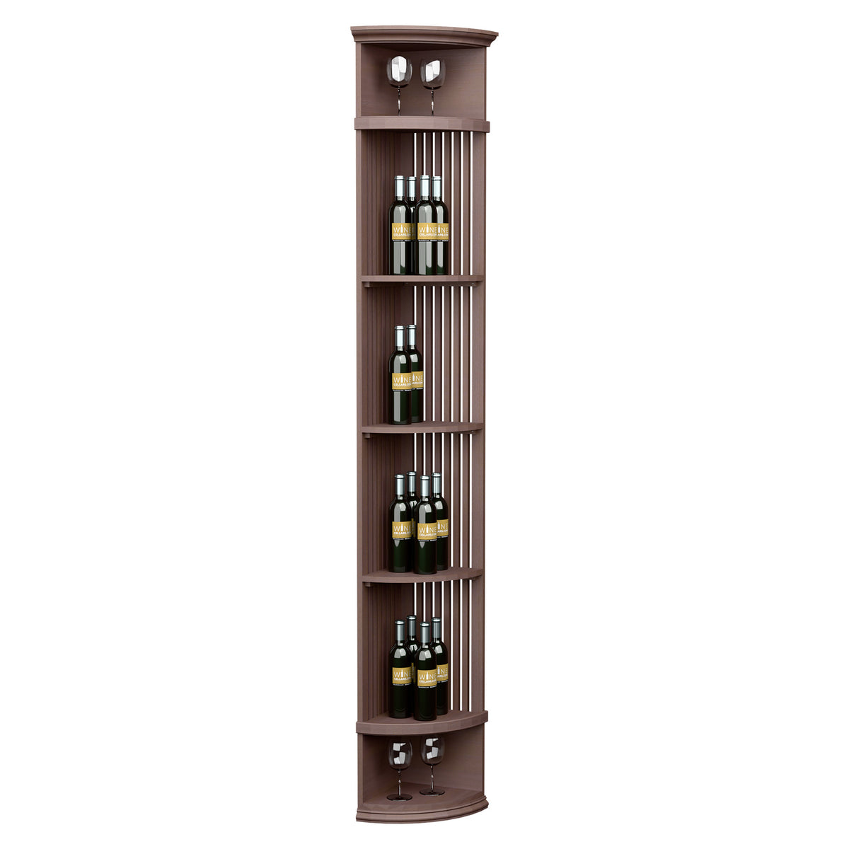 Dark brown lattice wine shelf with round base; 4 bottle rows and top stemware