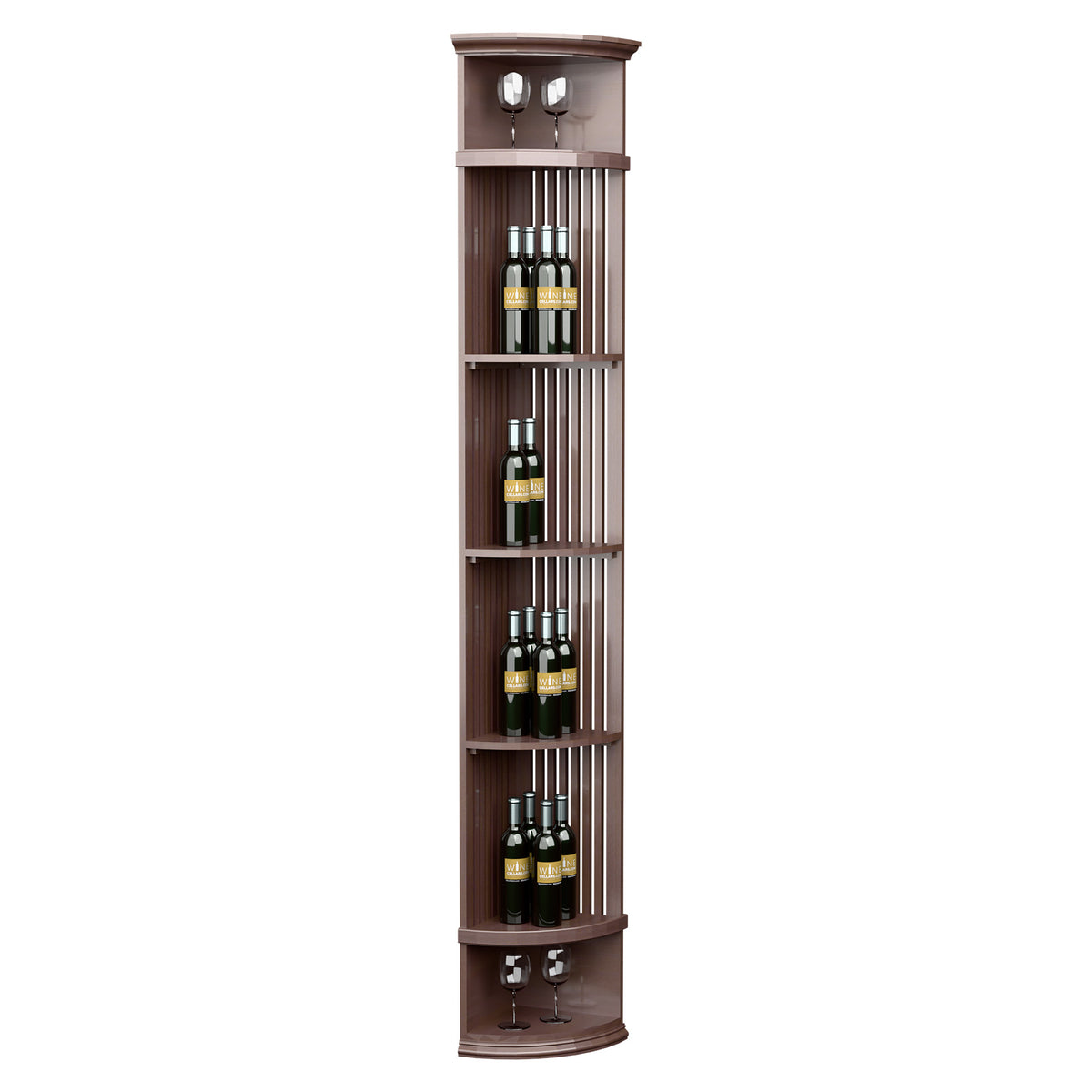 Dark brown lattice wine shelf with round base; slim columns for bottle storage