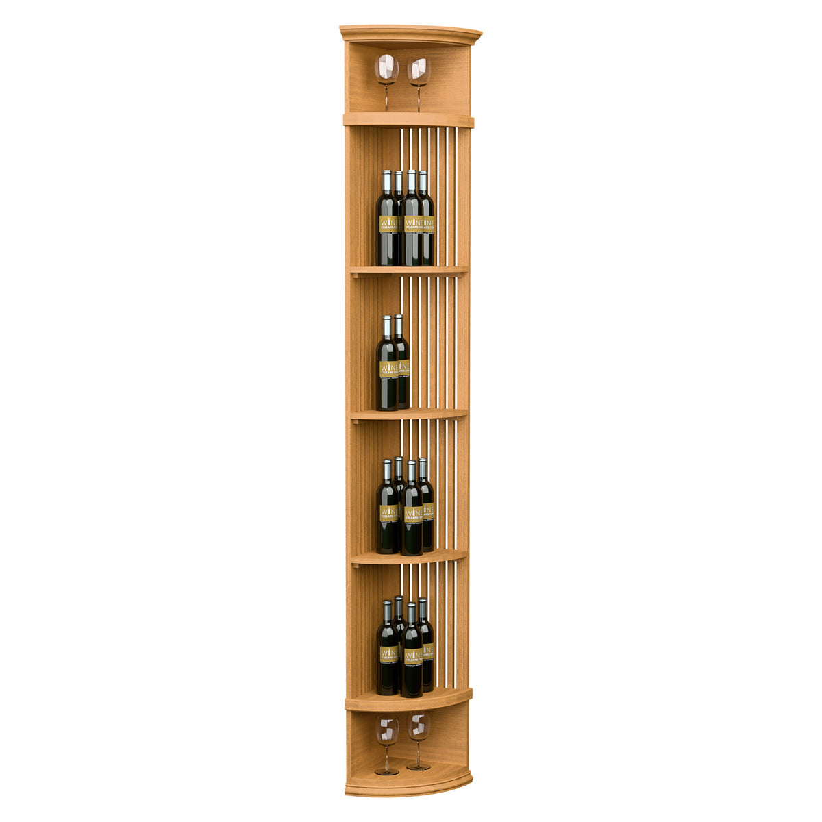 Honey wood lattice wine shelf with round base; 4 bottle rows and top stemware