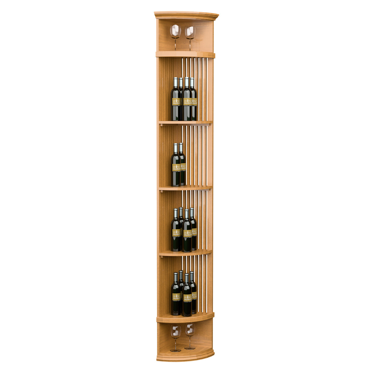 Honey wood lattice wine shelf with round base; tall organizer with 4 bottle rows