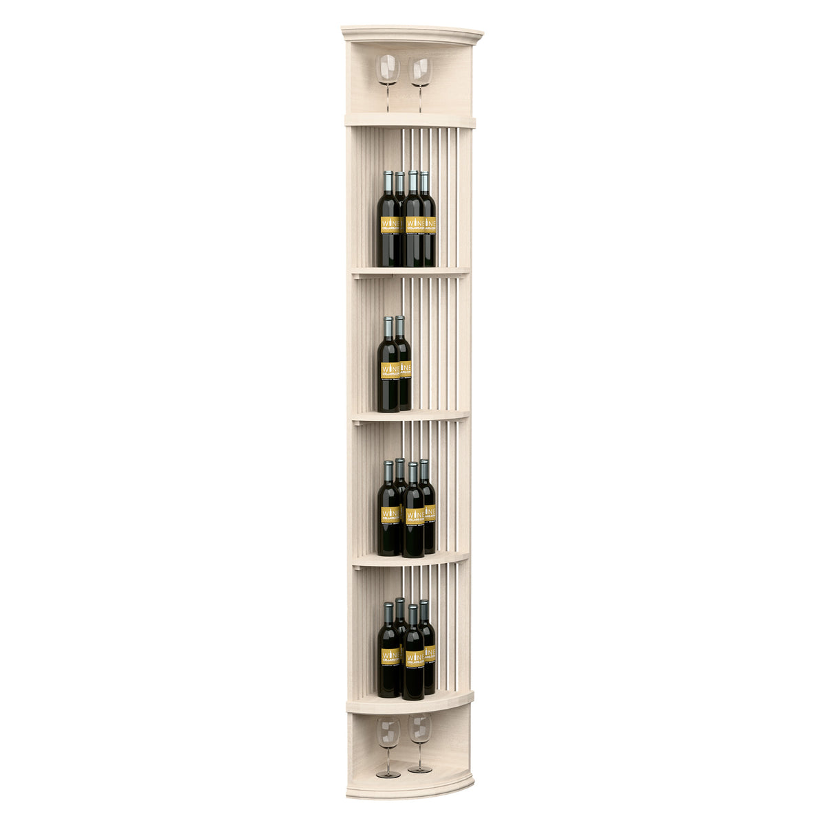 Whitewashed lattice wine shelf with round base; 4 bottle rows and top stemware