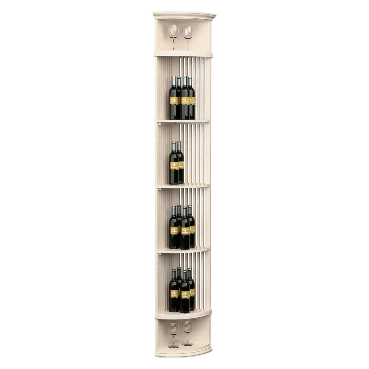 Whitewashed lattice wine shelf with round base; vertical slat design and 4 bottle rows