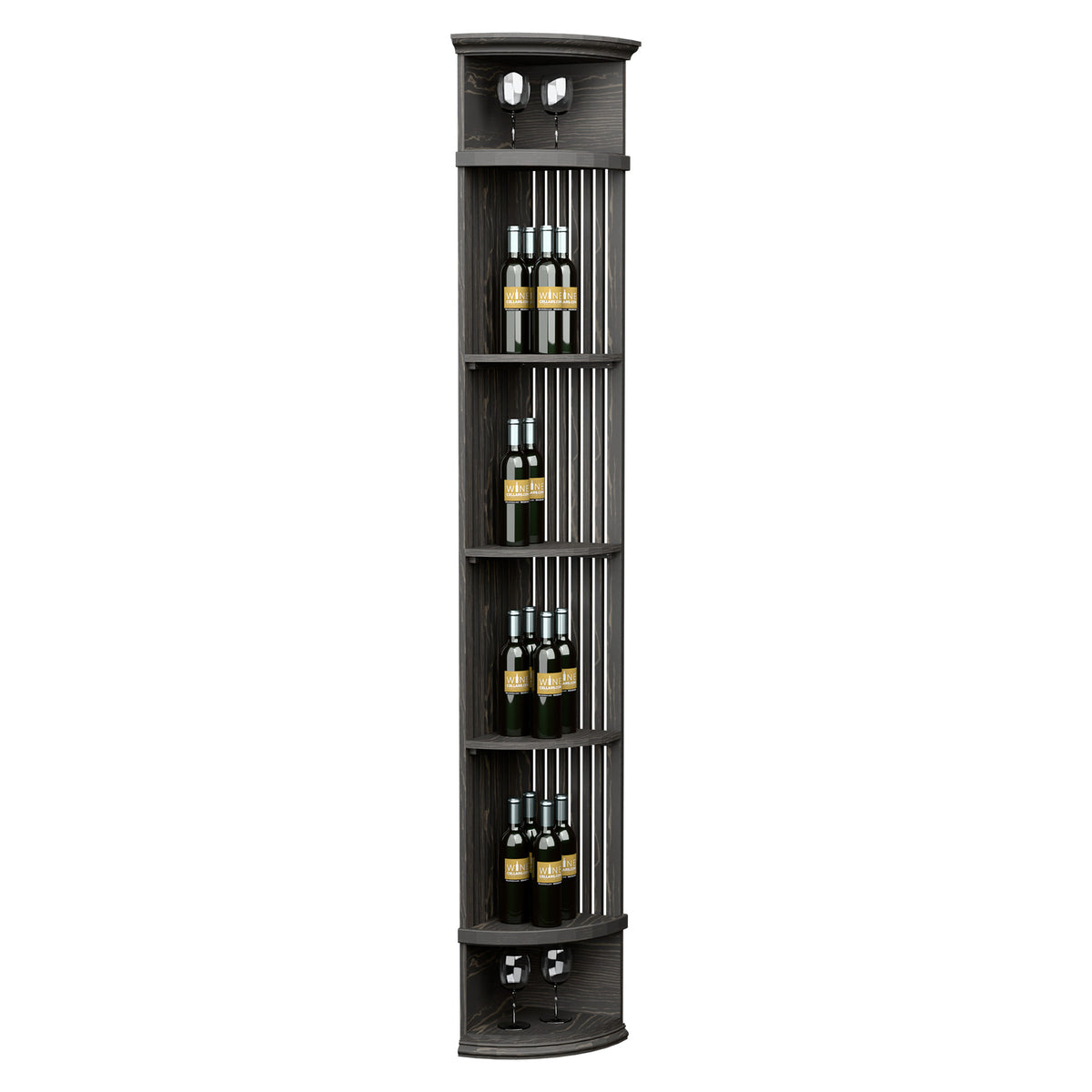 Dark wood lattice quarter round wine shelf with round base and bottle holders