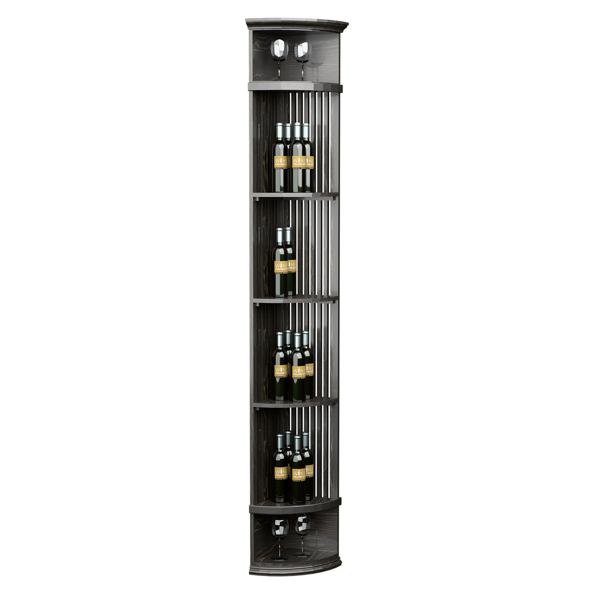 Dark wood lattice quarter round wine shelf with round base and top bulb lights