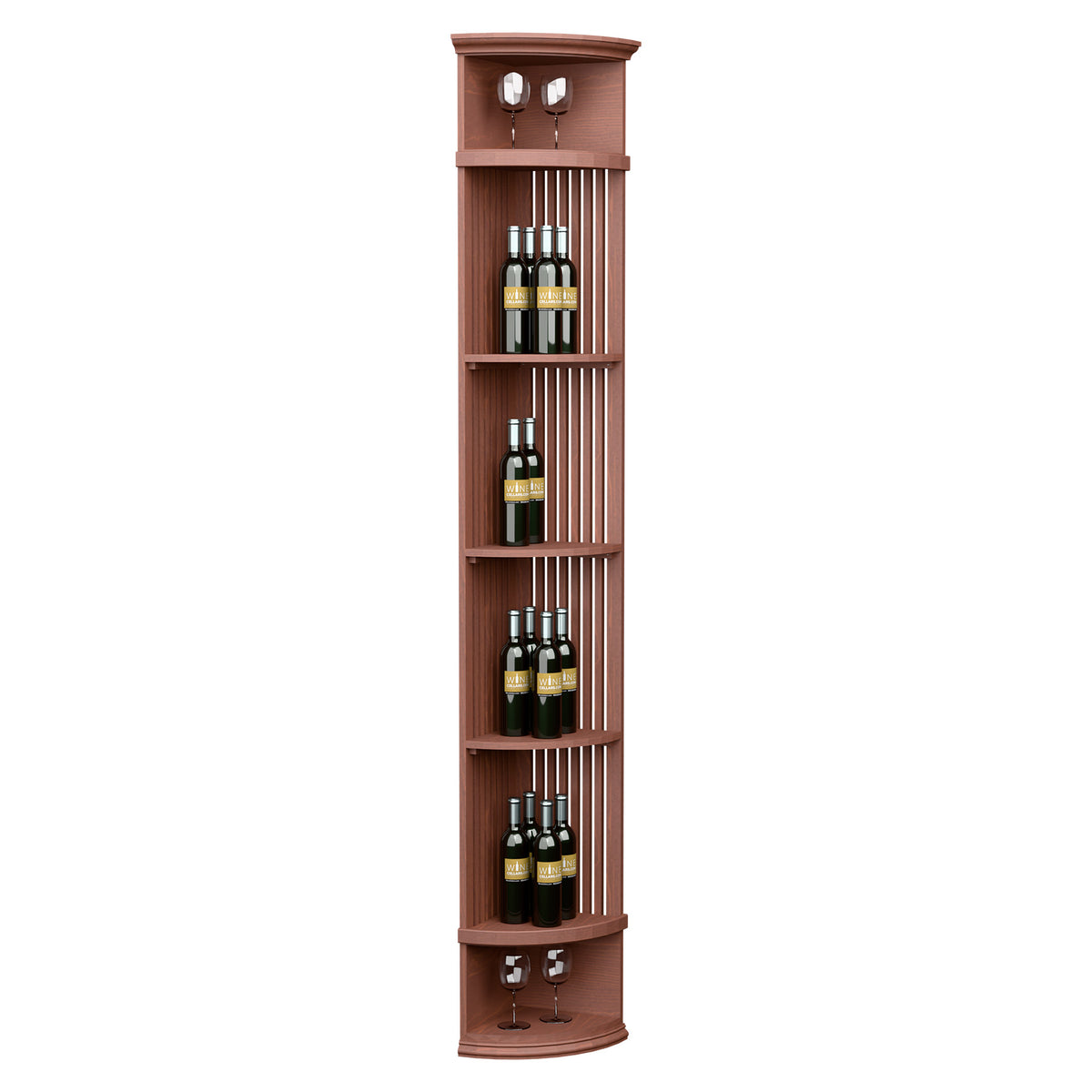 Red-brown wood lattice quarter round wine shelf with round base and bottle holders