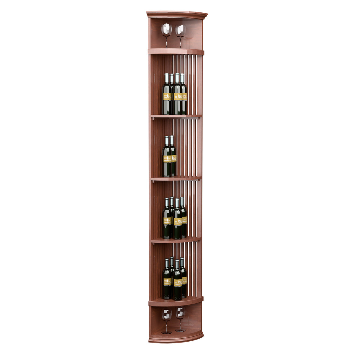 Red-brown lattice quarter round wine shelf with round base, multi-tier bottle racks
