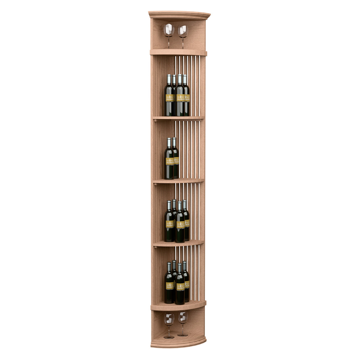 Light wood lattice quarter round wine shelf with round base and bottle holder tiers