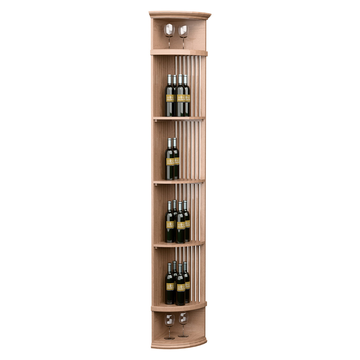 Natural wood lattice quarter round wine shelf with round base and bottle racks