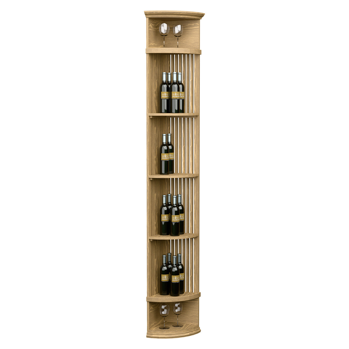 Light tan wood lattice quarter round wine shelf with round base and bottle holders
