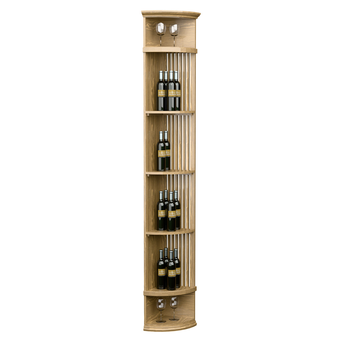 Light tan lattice quarter round wine shelf with round base and front bottle display