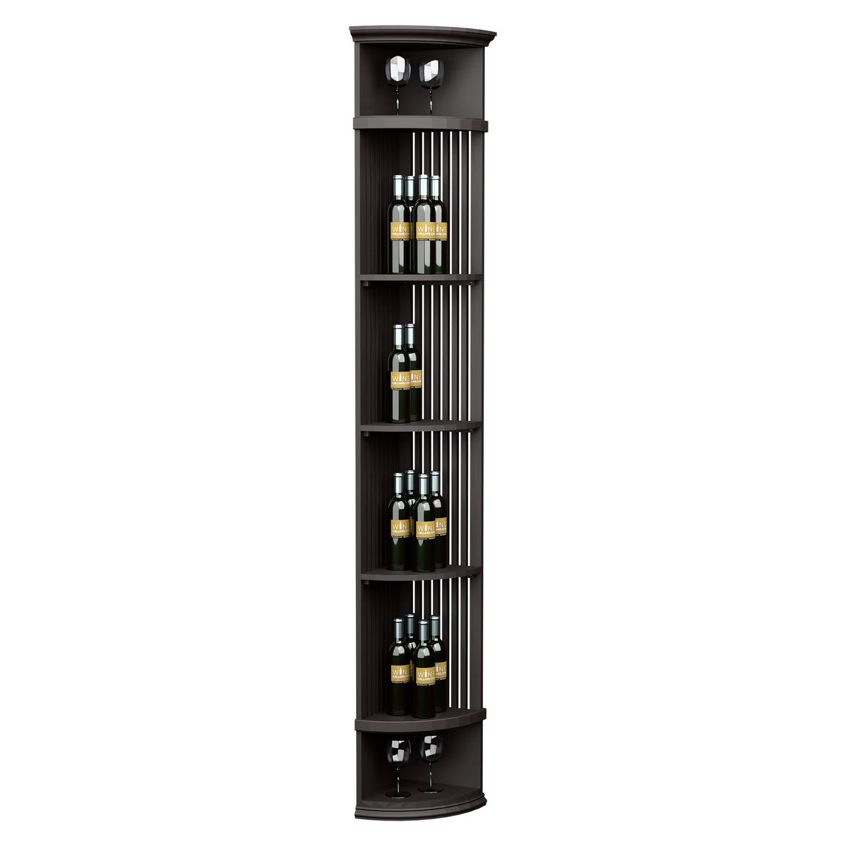 Dark wood lattice quarter round wine shelf with round base and metal bottle rails
