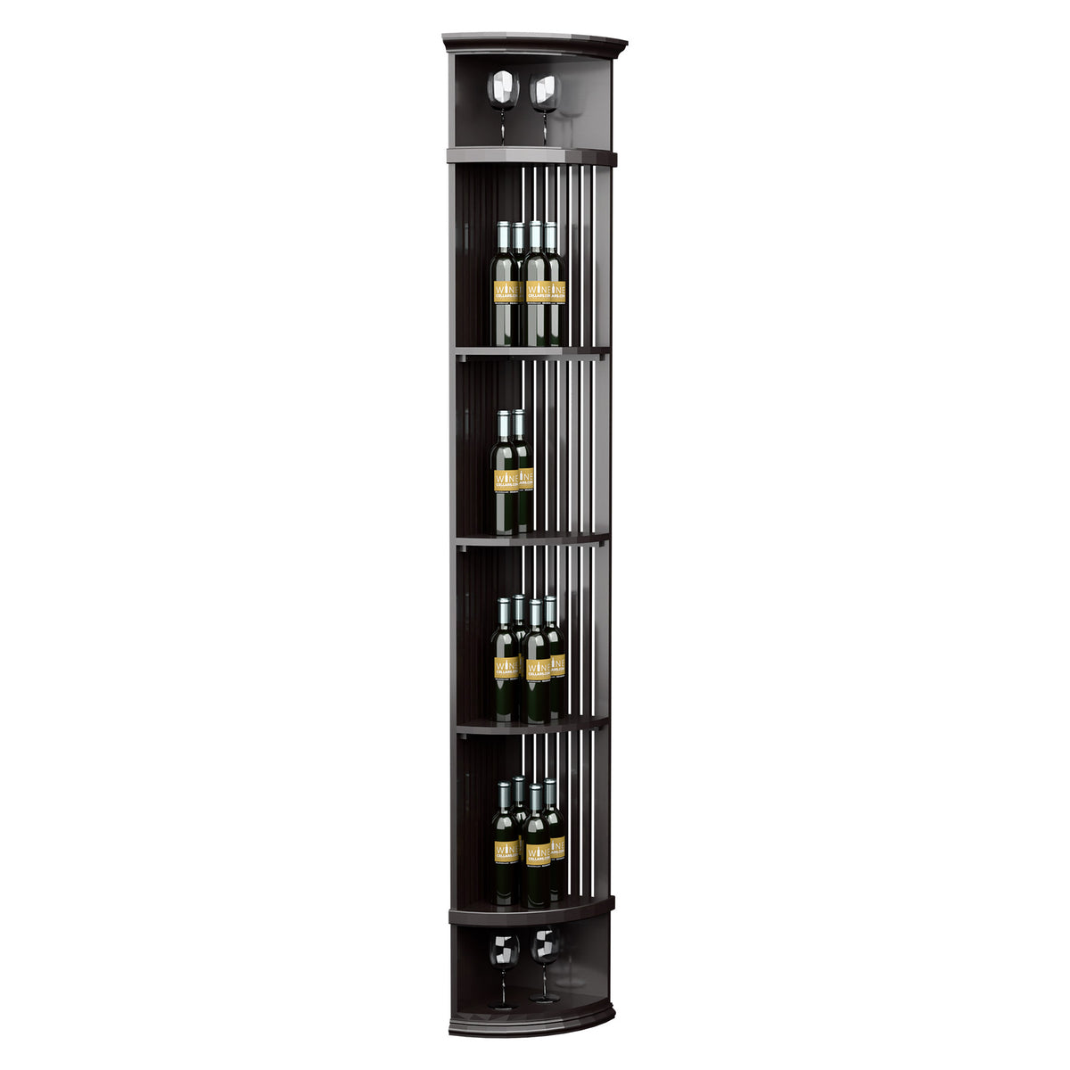 Dark wood lattice quarter round wine shelf with round base and lit bottle compartment