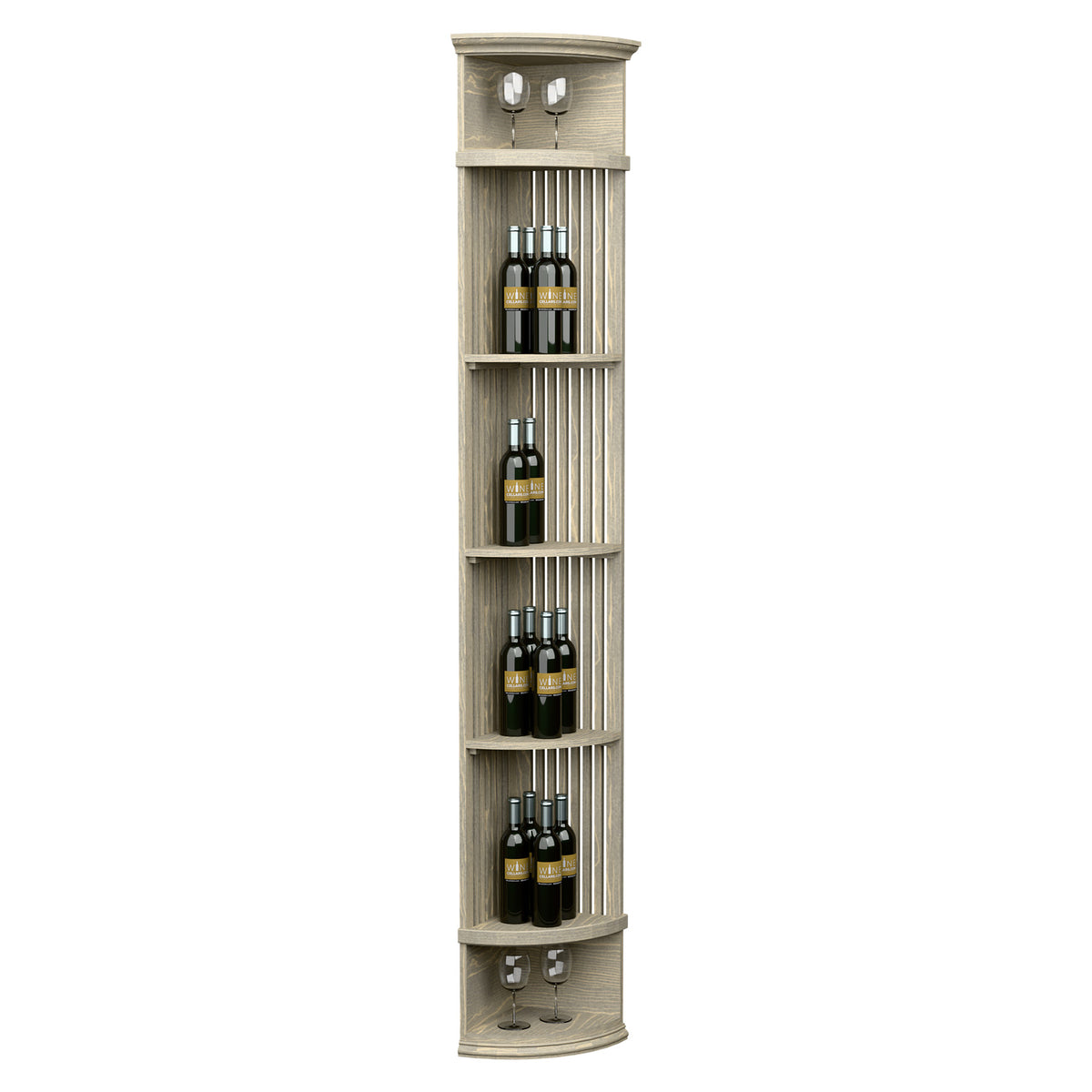 Light wood lattice quarter-round wine shelf with round base, bottle racks, and two glass holders