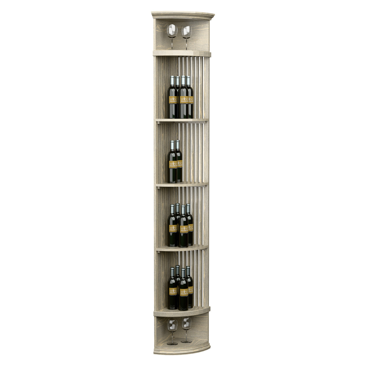 Light wood standing lattice quarter-round wine shelf with round base, bottle slots, and glass holders