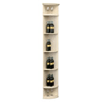 Light wood lattice quarter-round wine shelf with round base, tiered bottle storage, and two glass holders