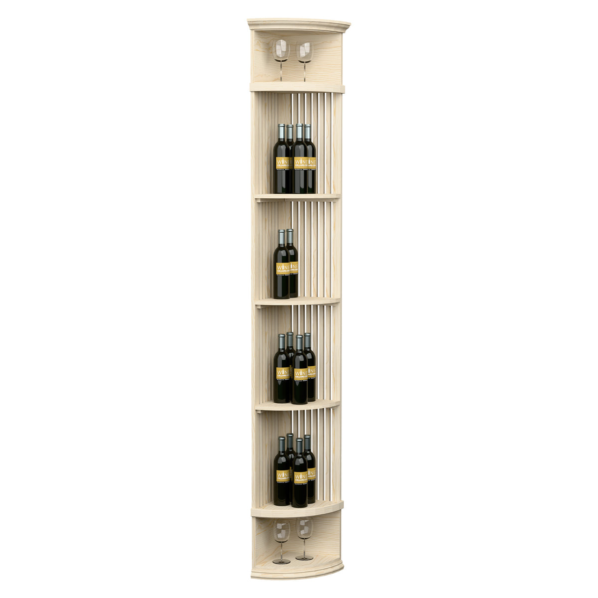 Light wood lattice quarter-round wine shelf with round base, tiered bottle storage, and two glass holders