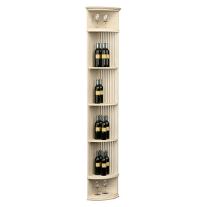Light wood lattice quarter-round wine shelf with round base, tiered bottle storage, and two glass holders