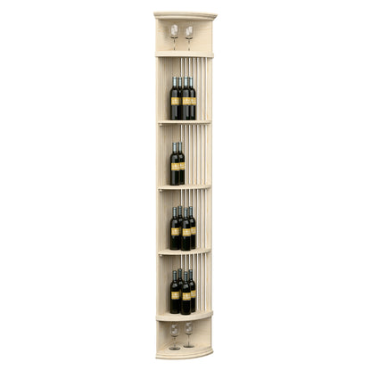 Light wood lattice quarter-round wine shelf with round base, tiered bottle storage, and two glass holders