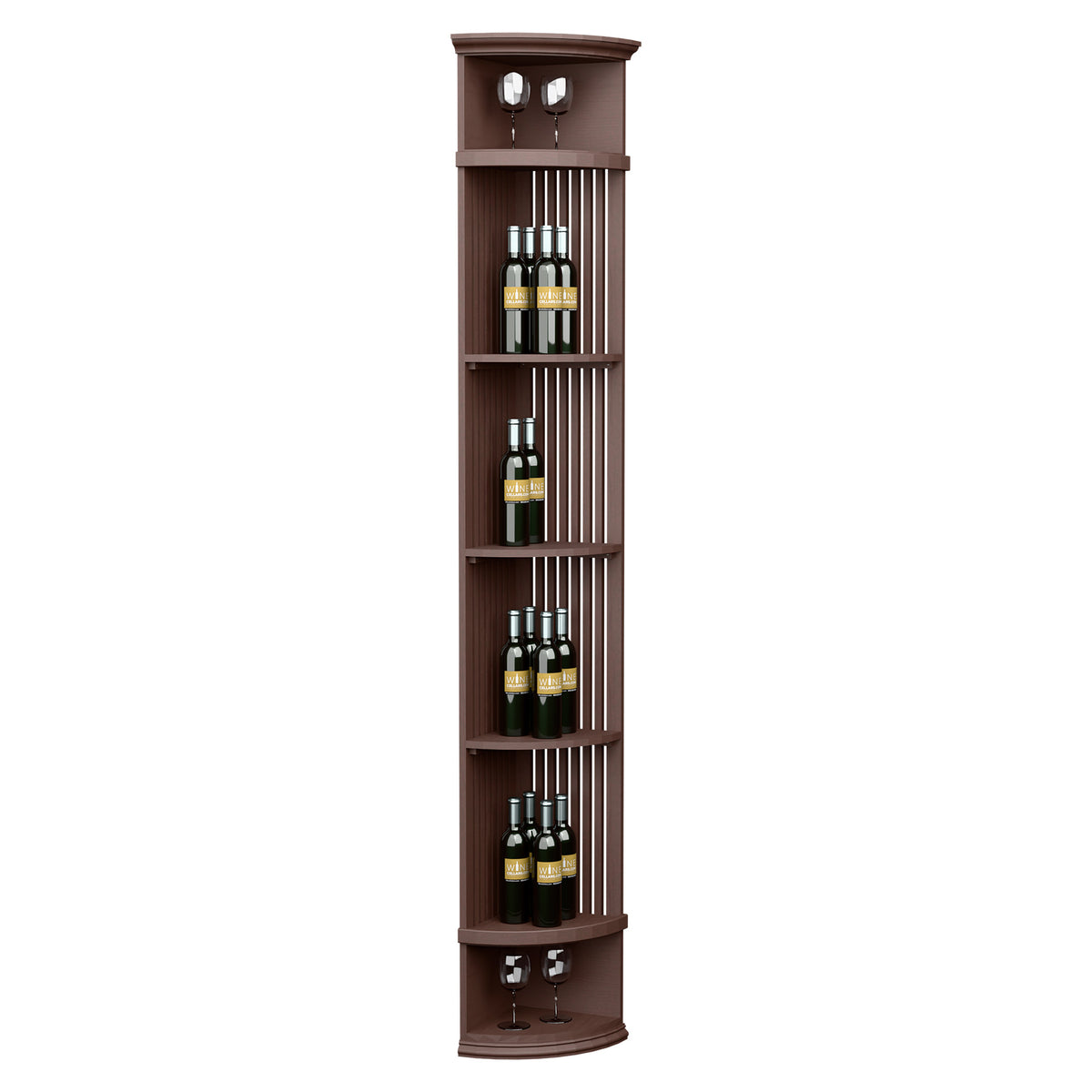 Dark wood lattice quarter-round wine shelf with round base, vertical bottle storage, and glass holders