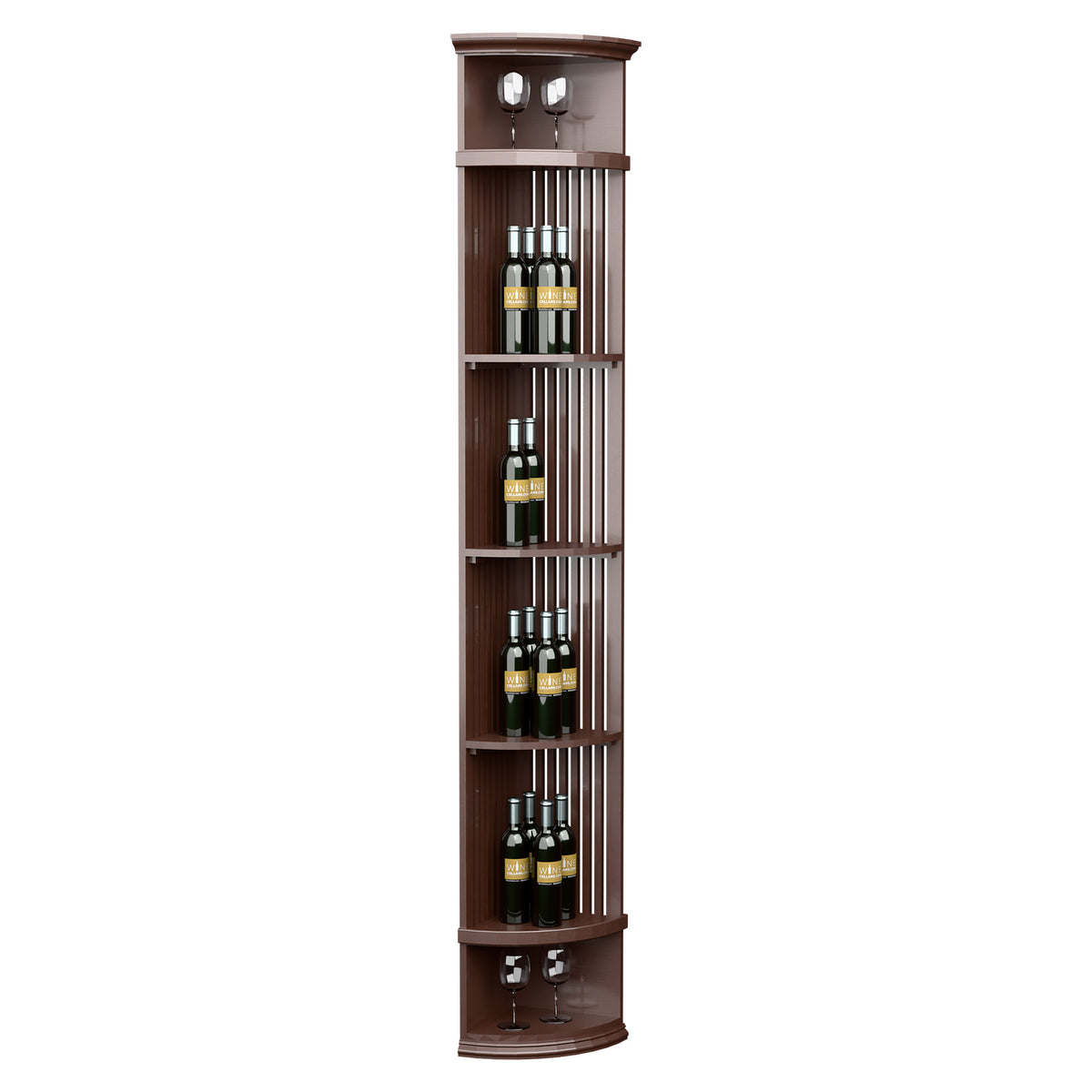 Dark wood standing lattice quarter-round wine shelf with round base, bottle racks, and two glass holders
