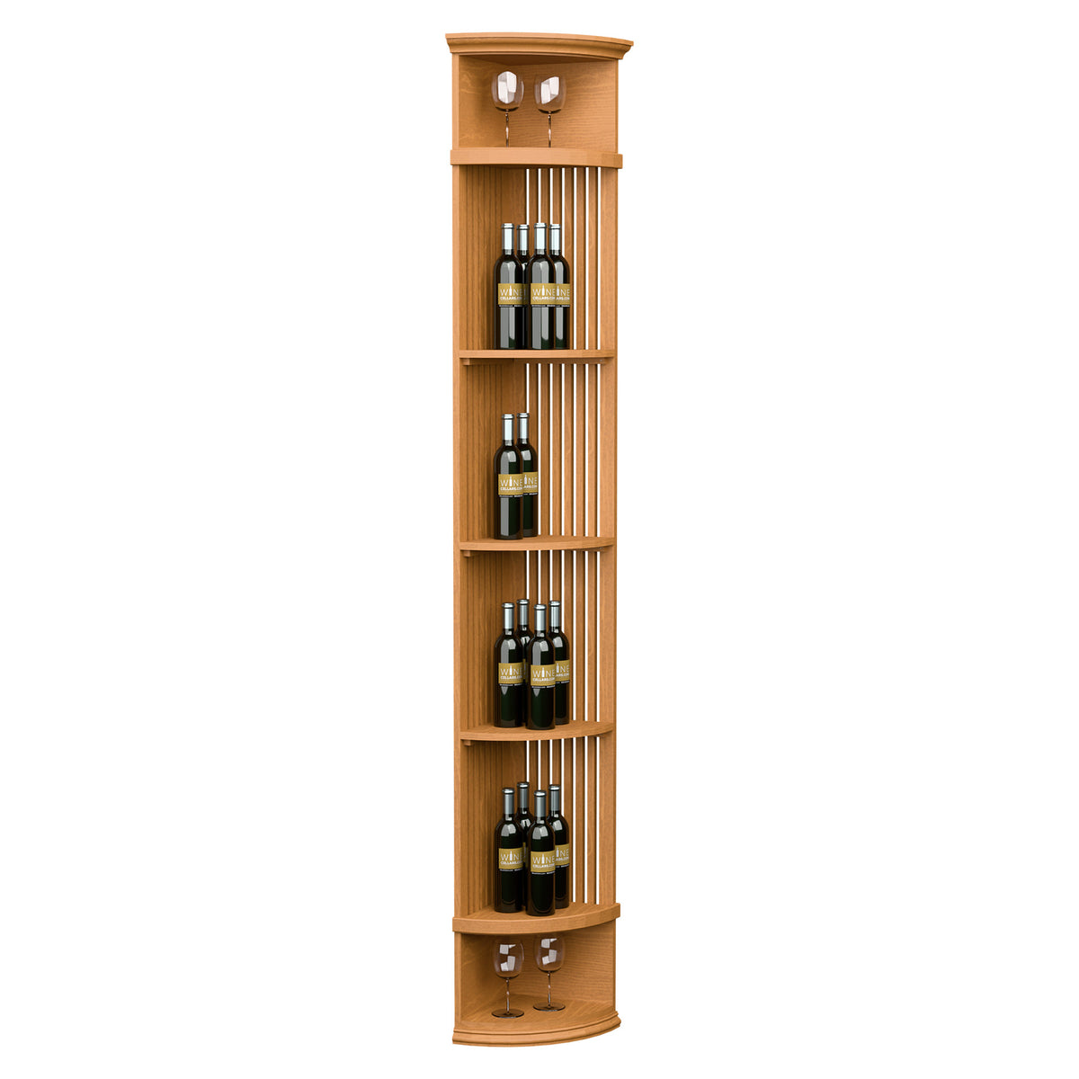 Honey wood lattice quarter-round wine shelf with round base, tiered bottle storage, and two glass holders