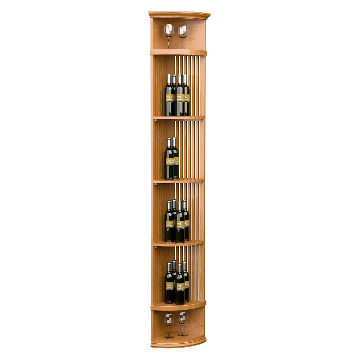 Honey wood lattice quarter-round wine shelf with round base and vertical bottle slots with glass holders