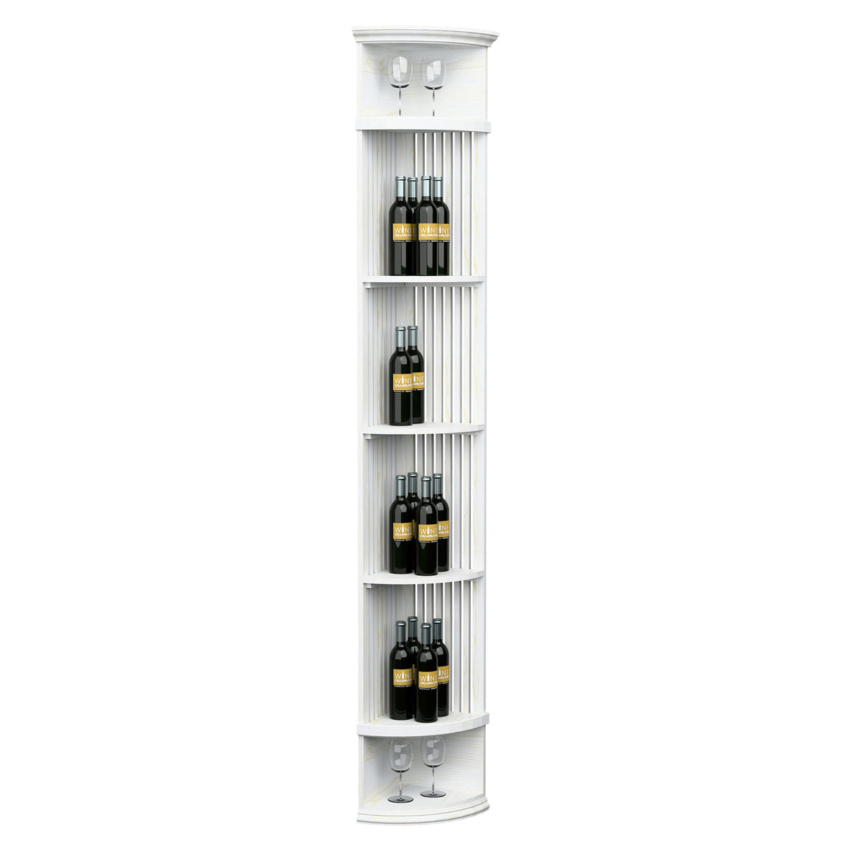 White lattice quarter-round wine shelf with round base, bottle racks, and two glass holders