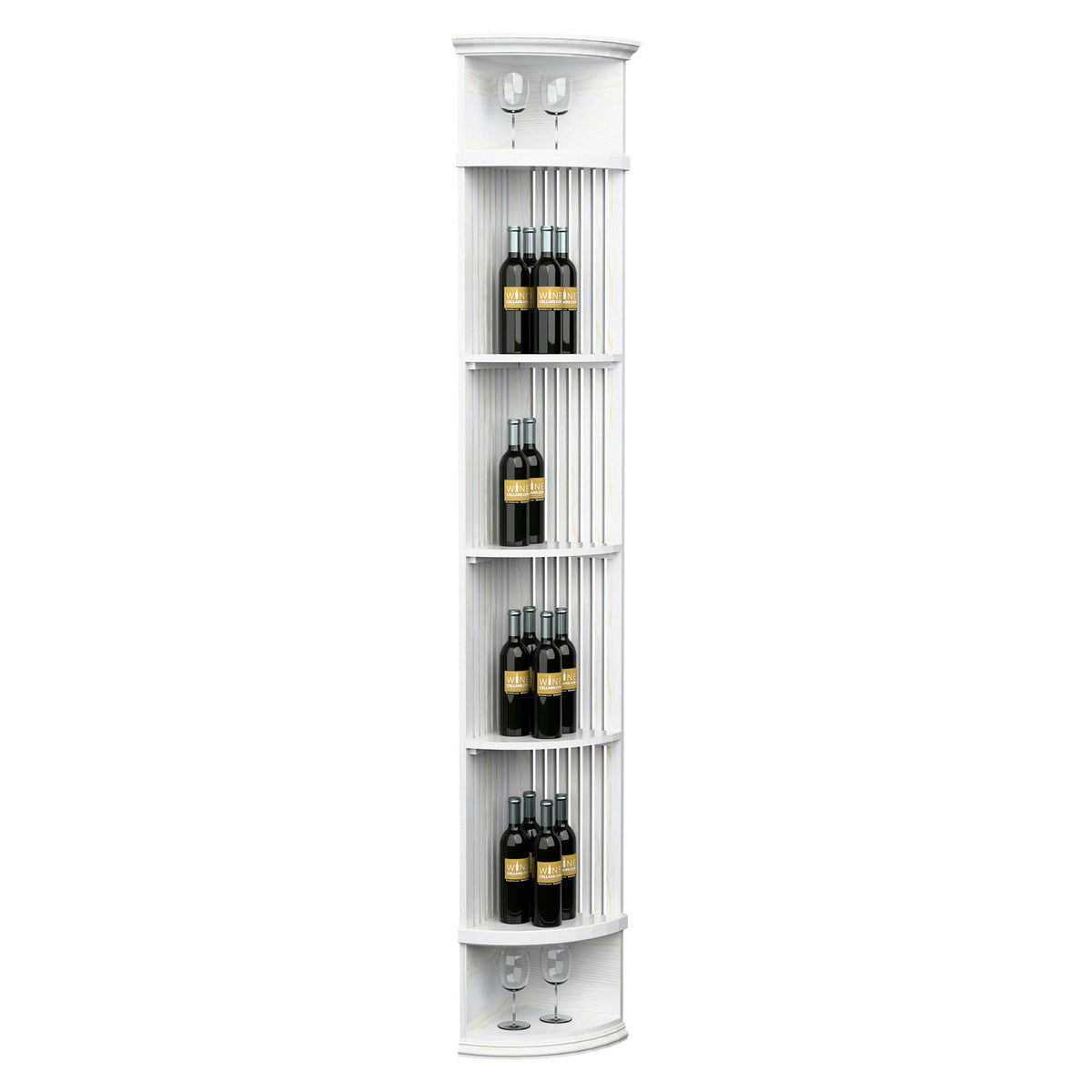 White standing lattice quarter-round wine shelf with round base, tiered bottle storage, and glass holders