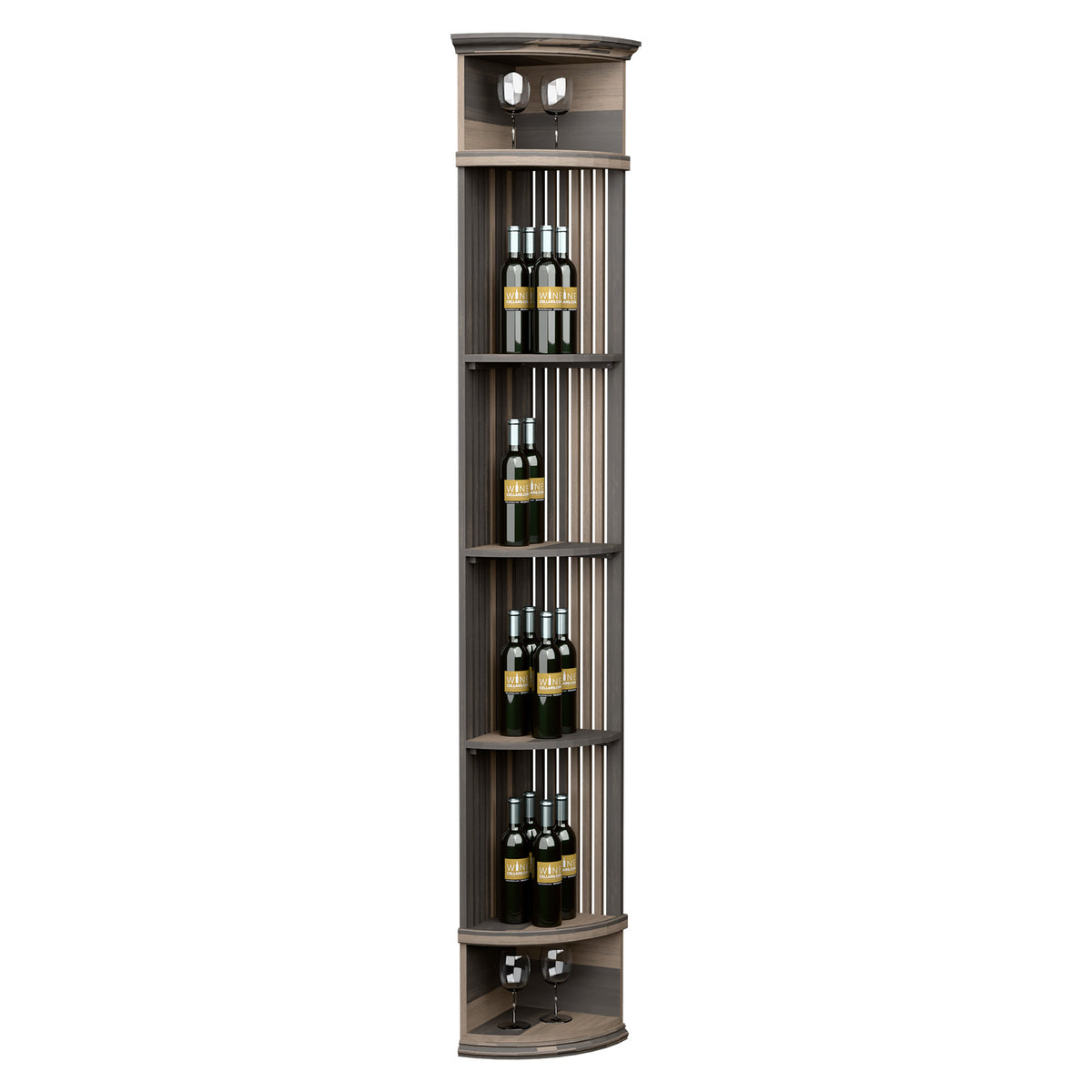Wine bottle display shelf with lattice slats and round base, dark gray finish