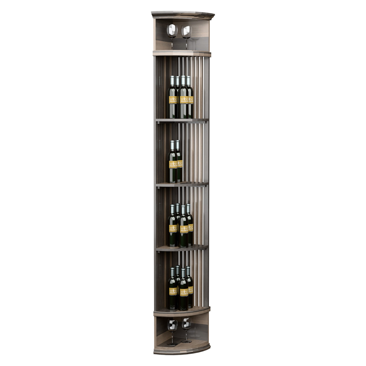 Wine bottle display shelf with lattice slats and round base, gray wood finish