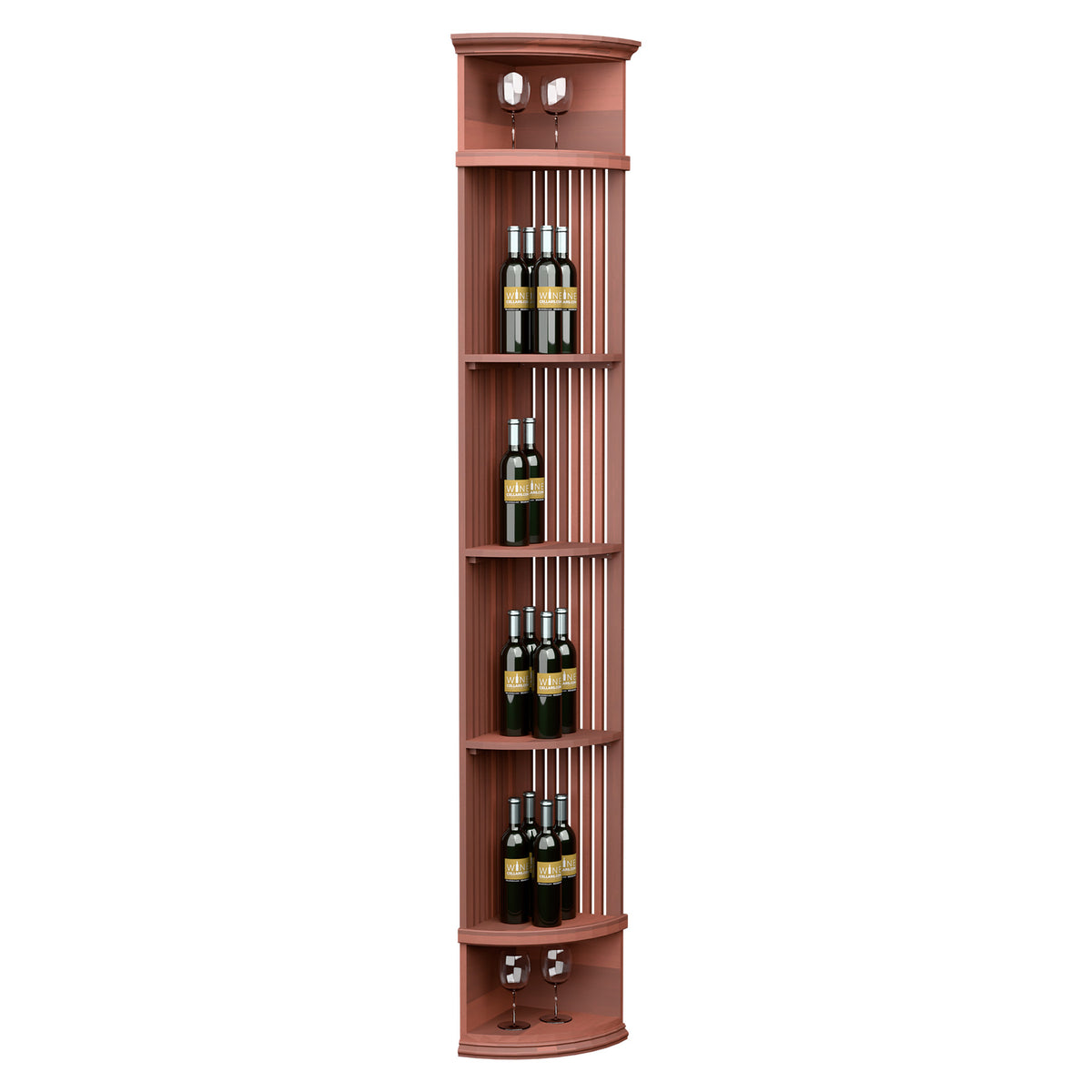 Wine bottle display shelf with lattice slats and round base, reddish wood finish