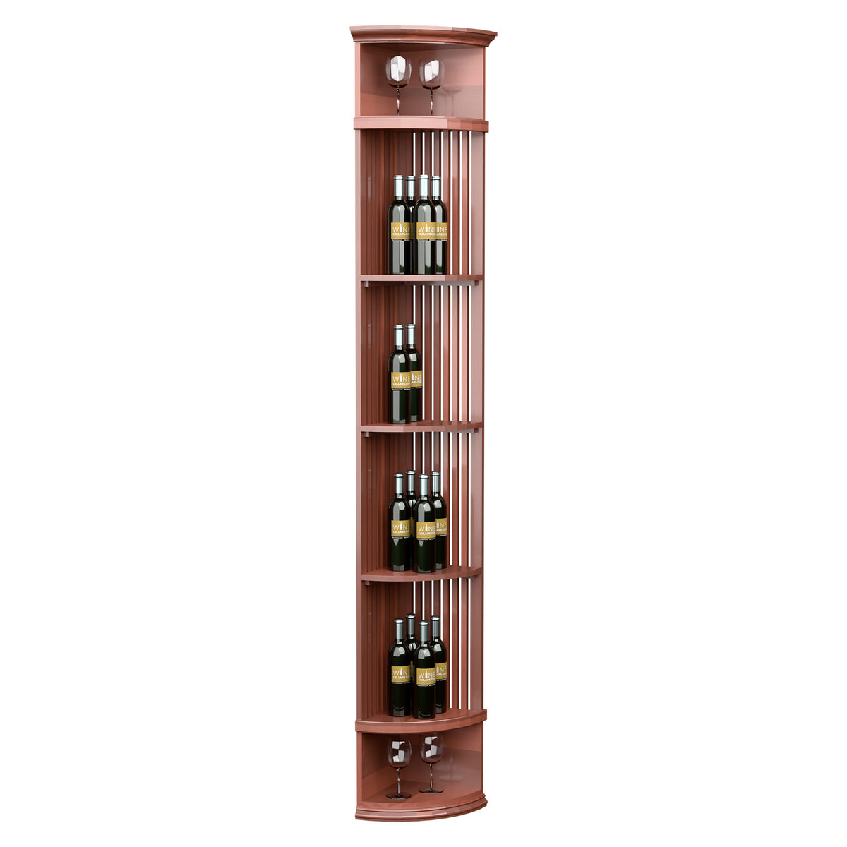 Wine bottle display shelf with lattice slats and round base, warm red-brown finish