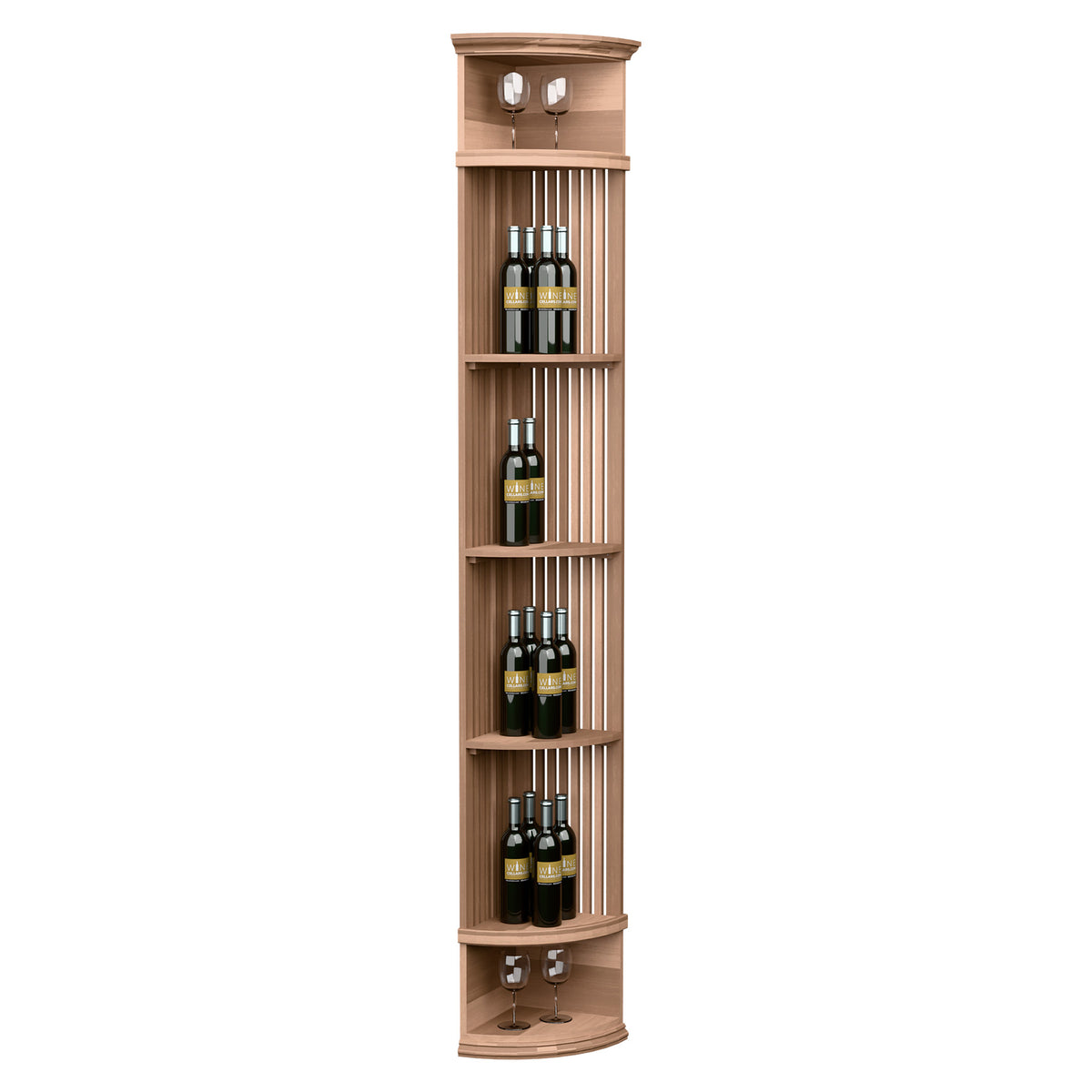 Wine bottle display shelf with lattice slats and round base, light tan wood finish