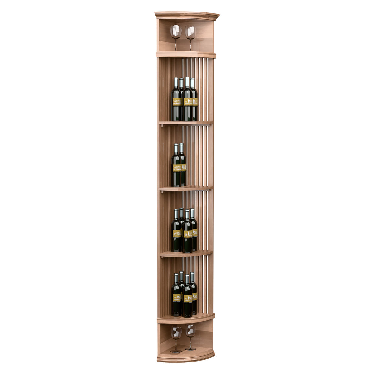 Wine bottle display shelf with lattice slats and round base, pale wood finish