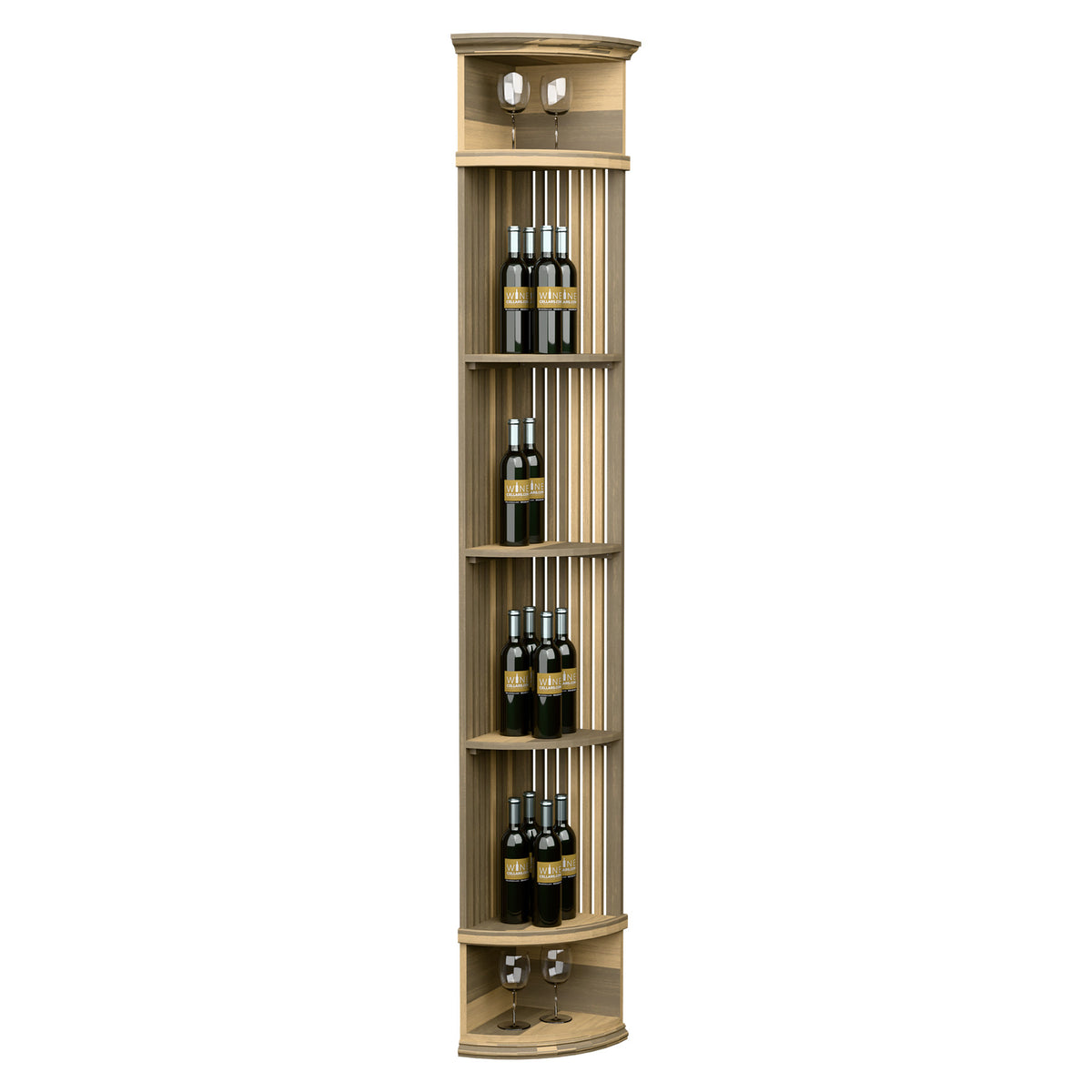 Wine bottle display shelf with lattice slats and round base, light beige wood finish