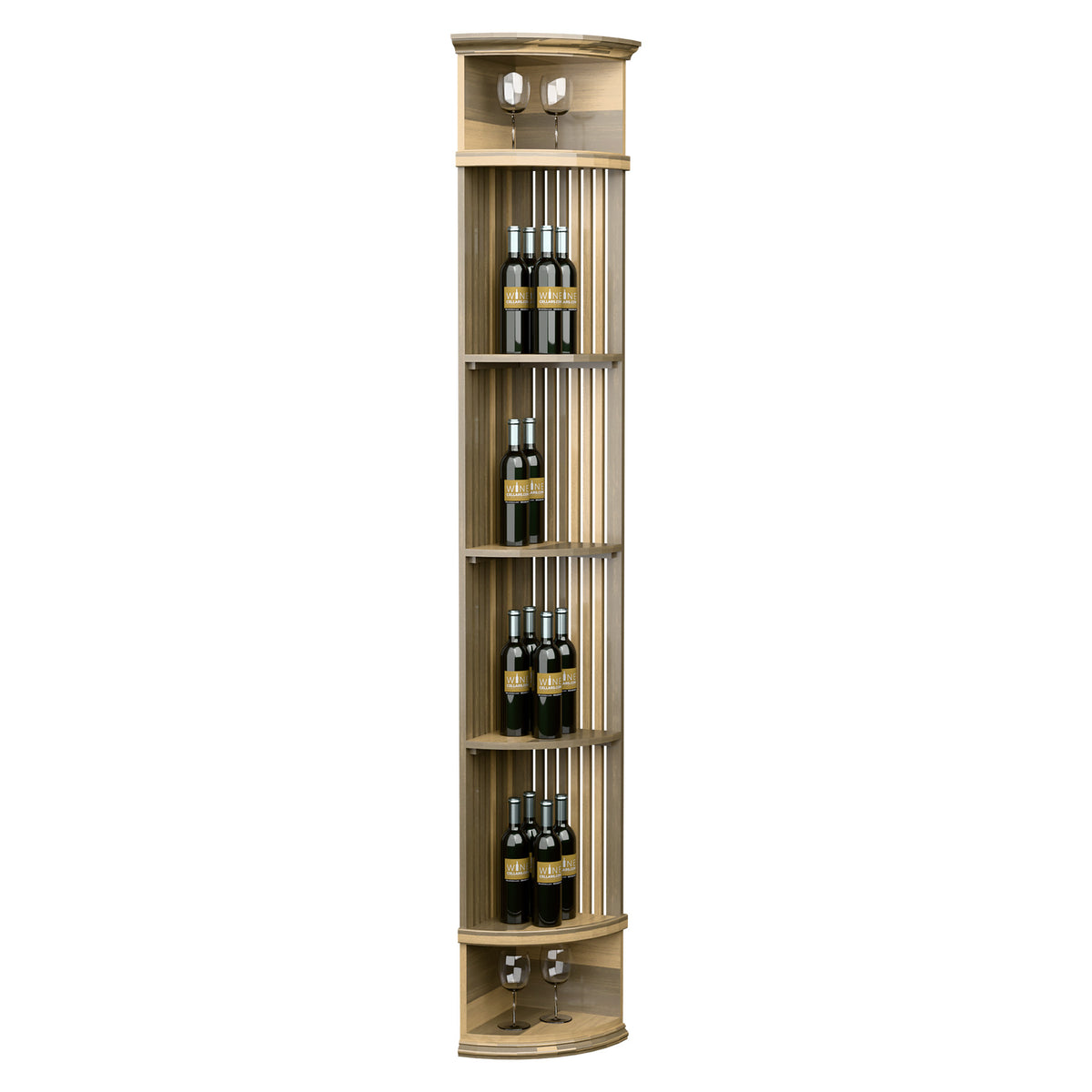 Wine bottle display shelf with lattice slats and round base, light wood finish