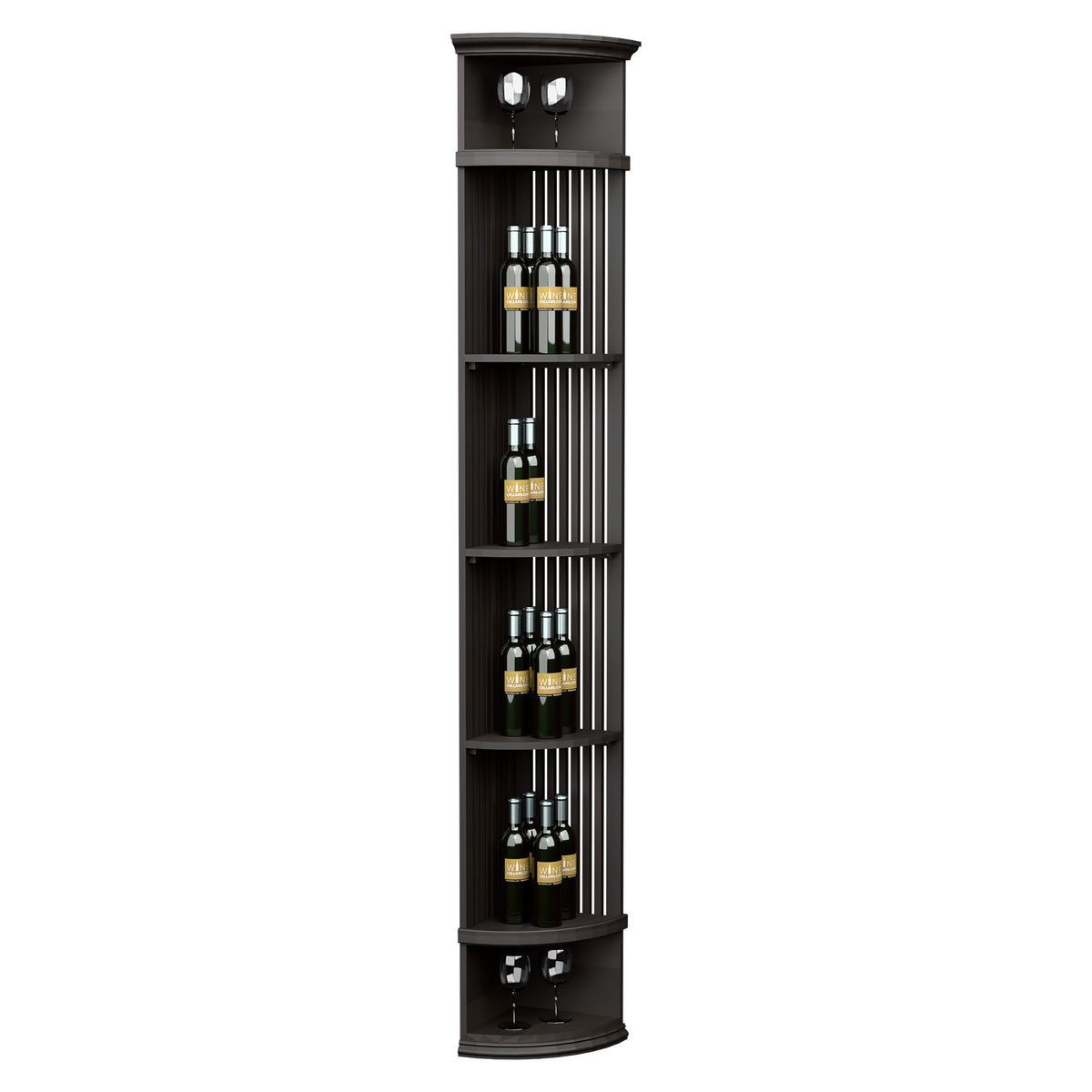 Wine bottle display shelf with lattice slats and round base, black finish