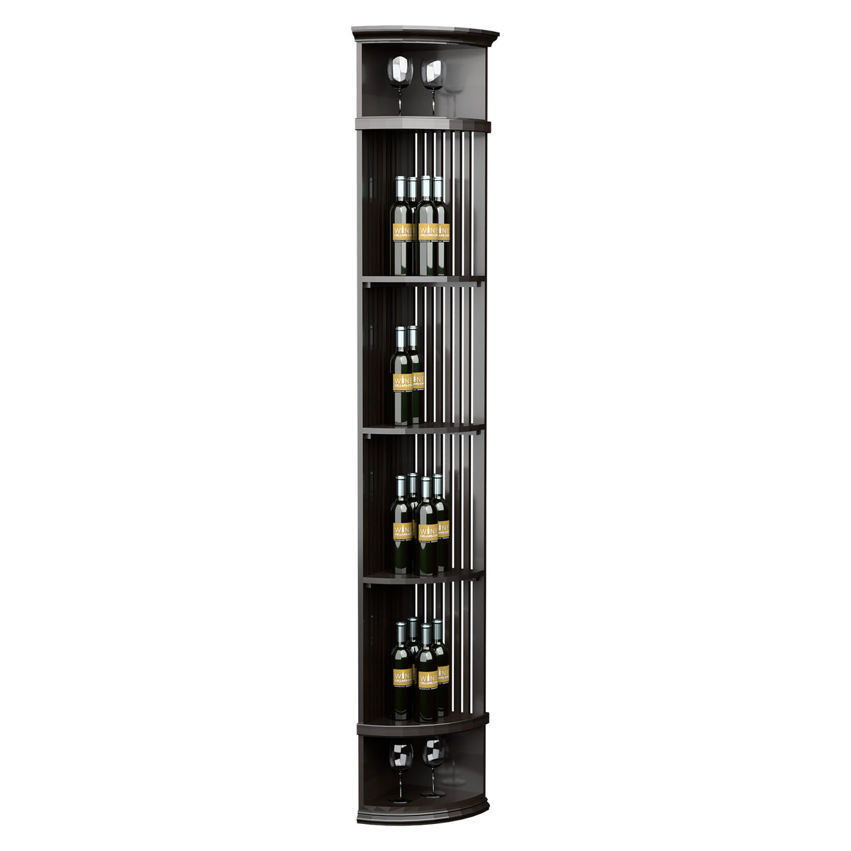 Wine bottle display shelf with lattice slats and round base, dark charcoal finish