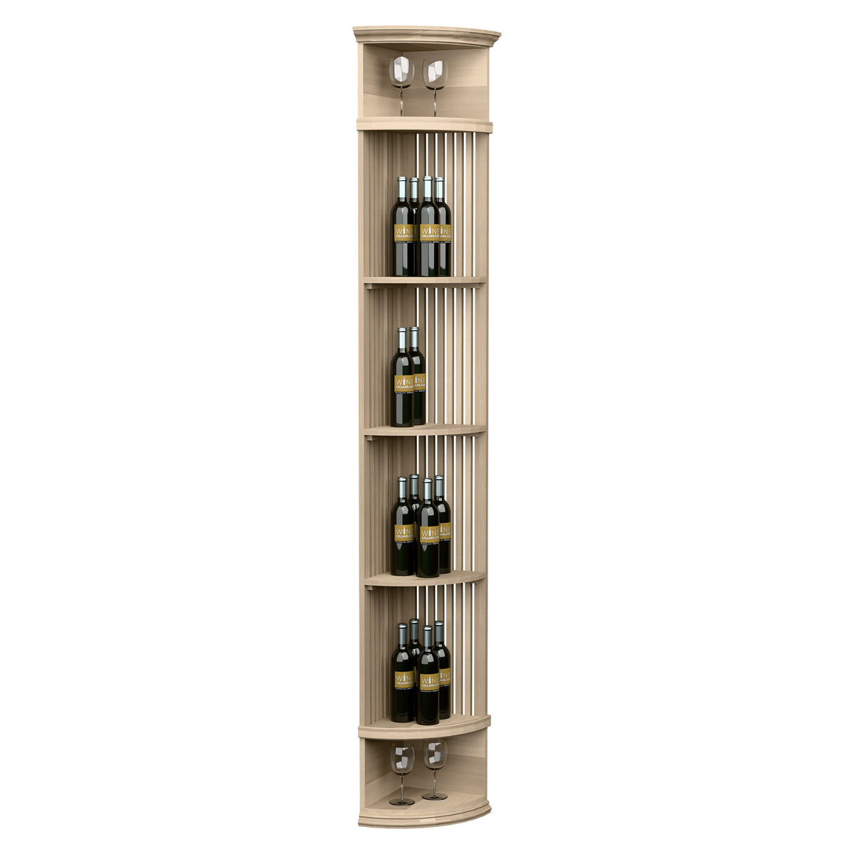 Wine bottle display shelf with lattice back, round base, and stemware holders; light wood