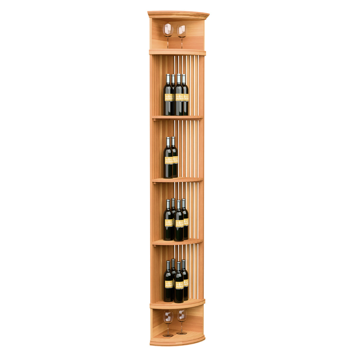 Wine bottle display shelf with lattice back, round base, and stemware holders; warm wood