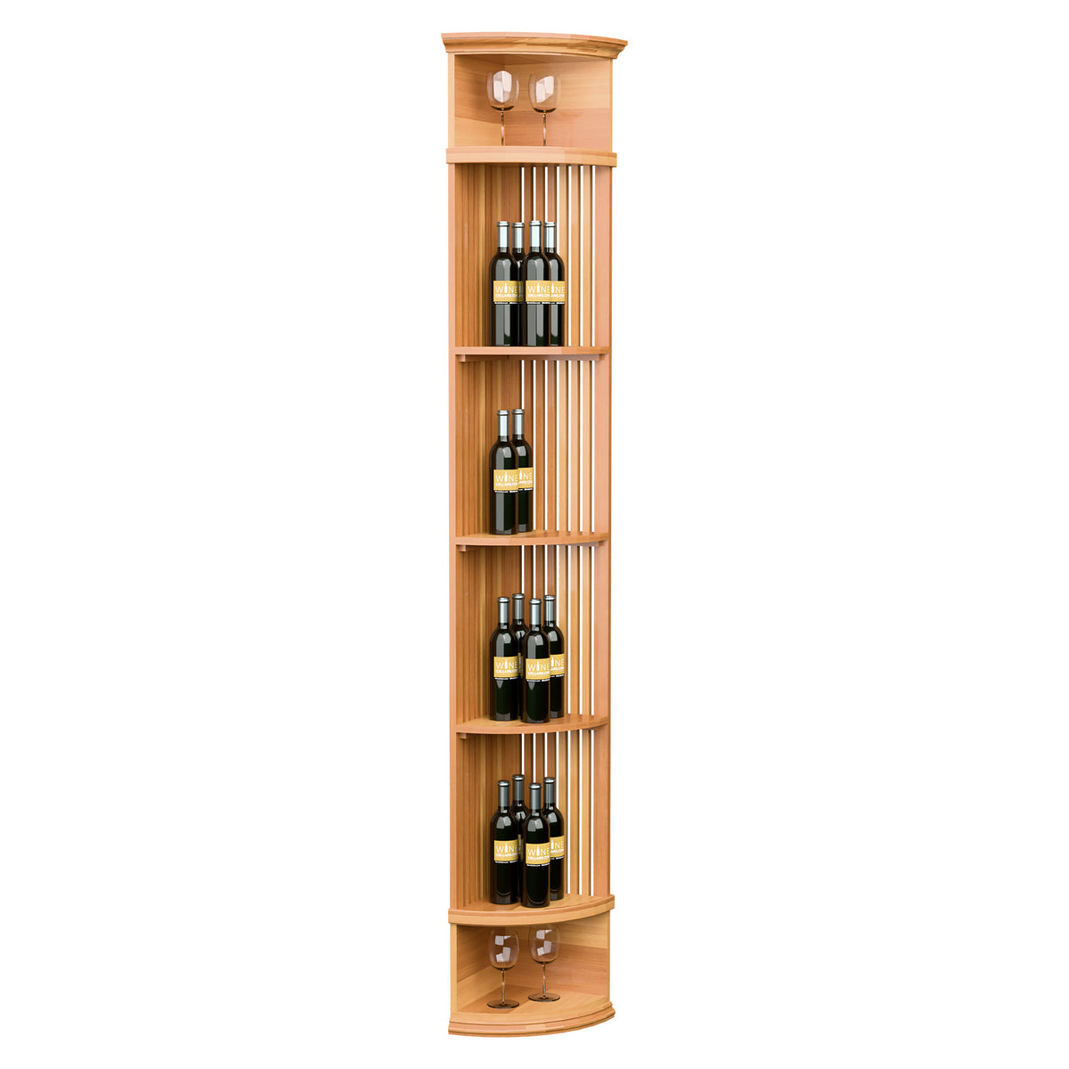 Wine bottle display shelf with lattice back, round base, and stemware holders; warm wood
