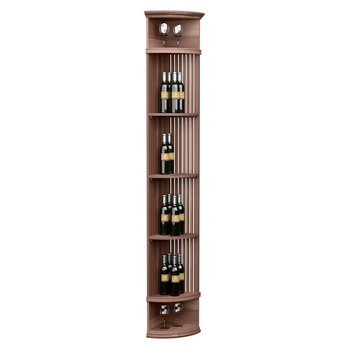 Wine bottle display shelf with lattice back, round base, and stemware holders; medium brown