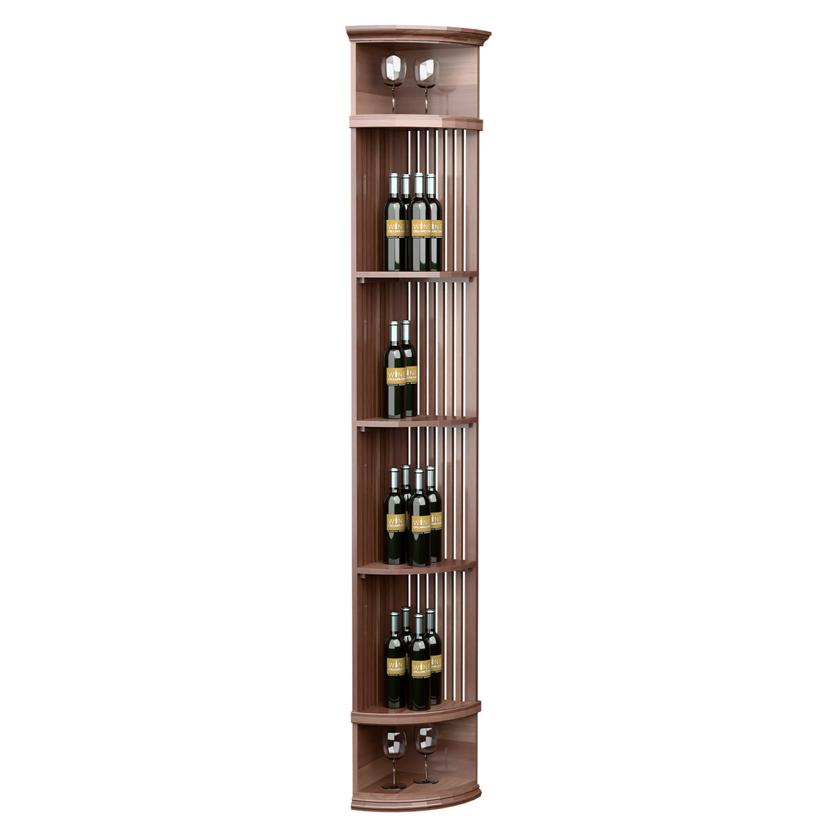 Wine bottle display shelf with lattice back, round base, and stemware holders; medium brown