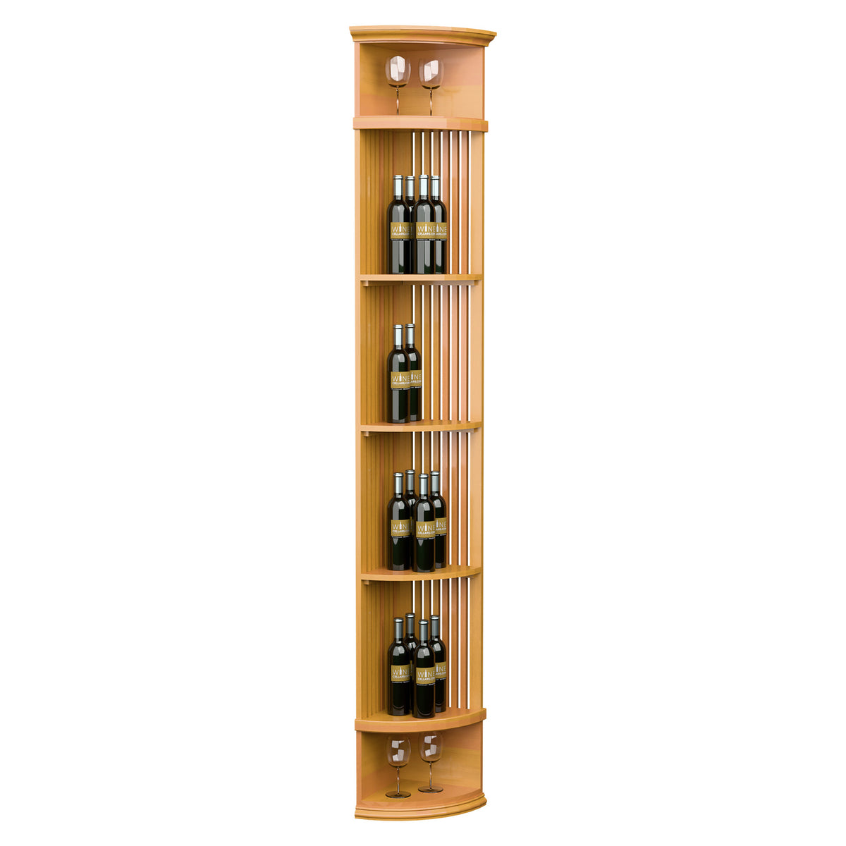 Wine bottle display shelf with lattice back, round base, and stemware holders; golden wood