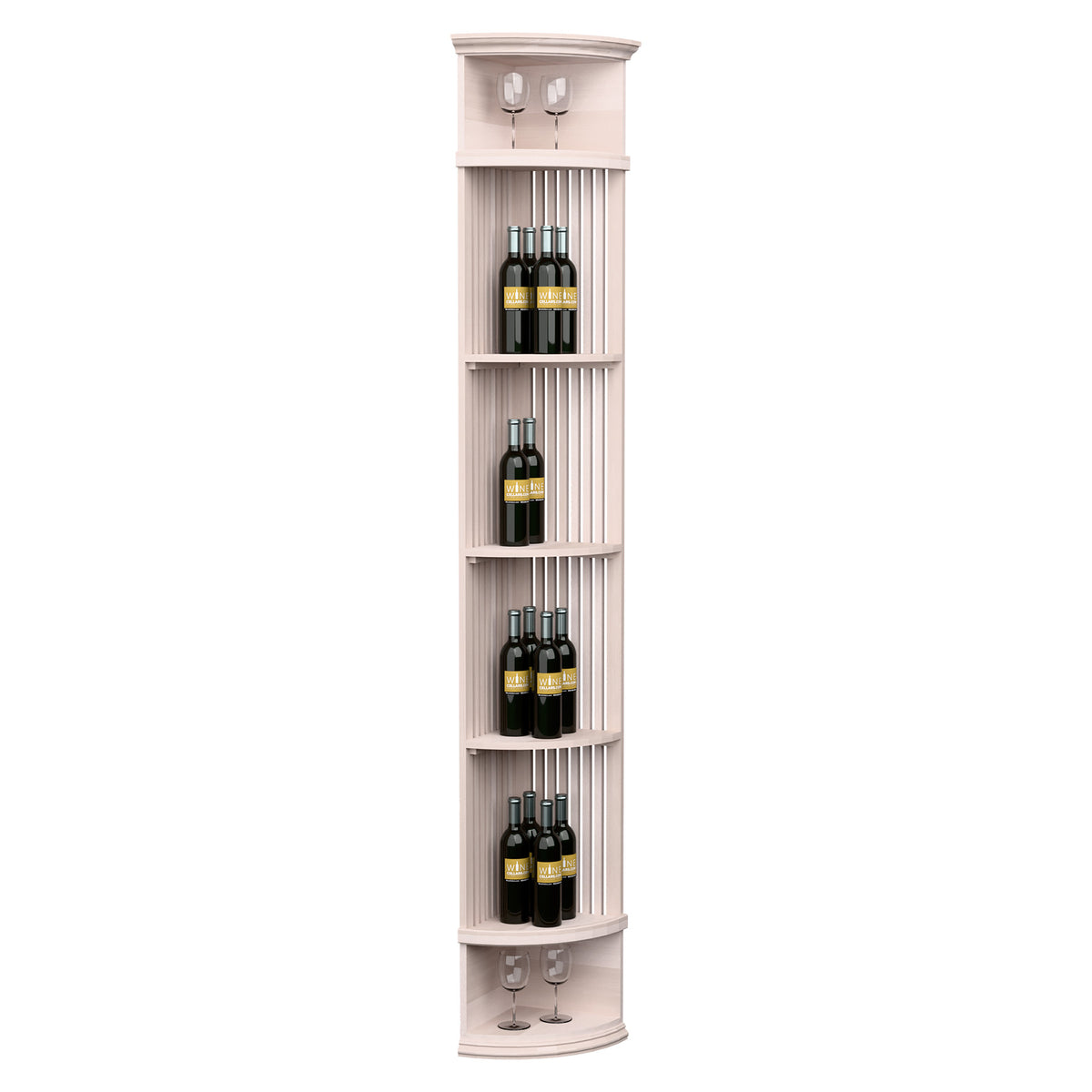 Wine bottle display shelf with lattice back, round base, and stemware holders; light grey